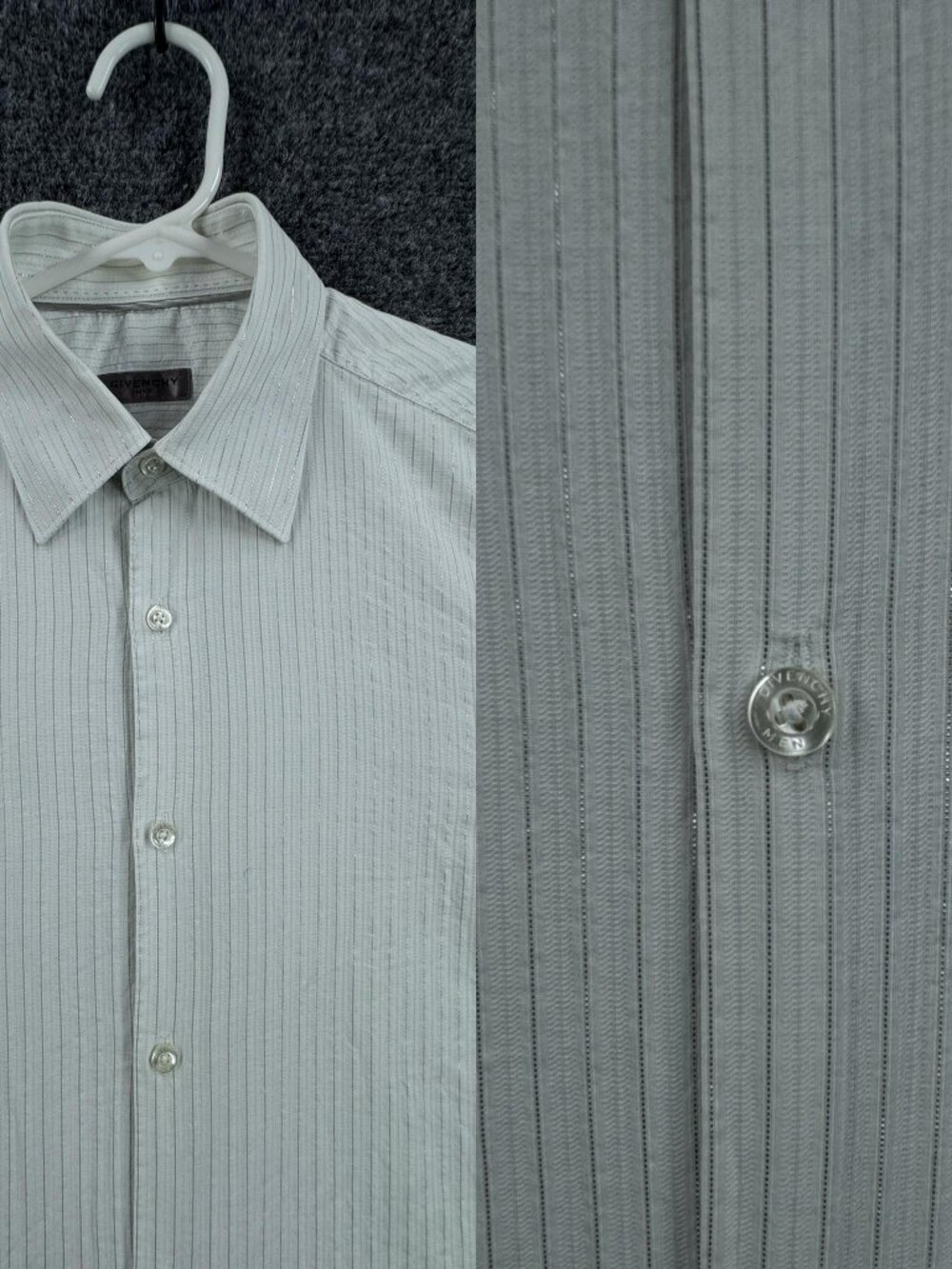 Givenchy Shiny Striped White Silver Mens Point Cotton Polyester 39 Logo Shirt